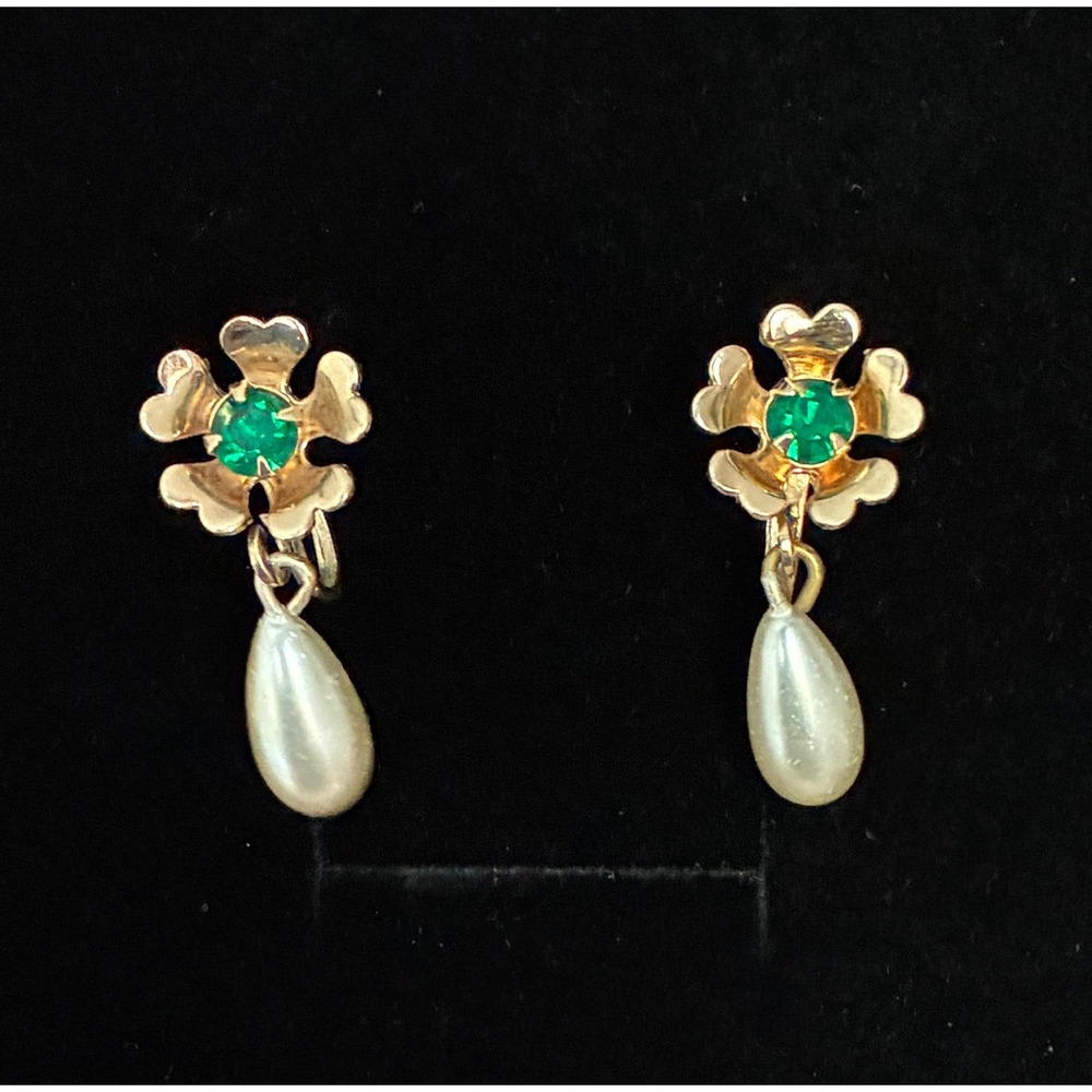 Vintage Faux Pearl Emerald Green Floral Screw Back Dangle Earrings